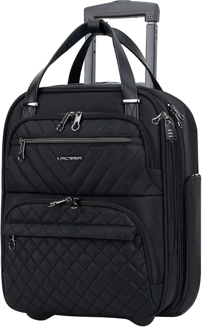 KROSER Carry On Underseat Multi-functional, 16-inch Underseater Lightweight Overnight Suitcase for Men Women, Black by KROSER