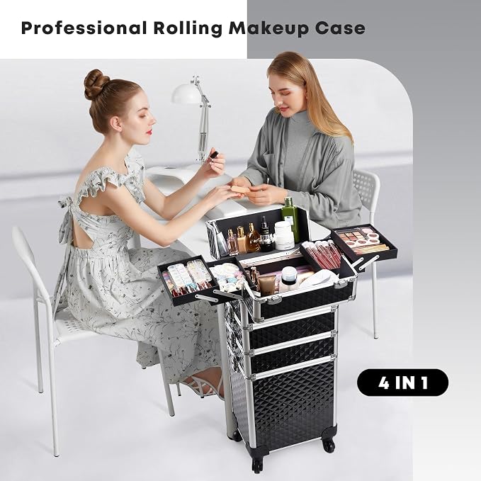 Yueieoun Rolling Makeup Train Case, 4-in-1 Cosmetology Case on Wheels, Nail Tech Cart for Travel, Professional Cosmetic Vanity Case, Suitcase for MUA/Manicure/Tattoo/Style, Lockable Storage Box, Black - Image 5
