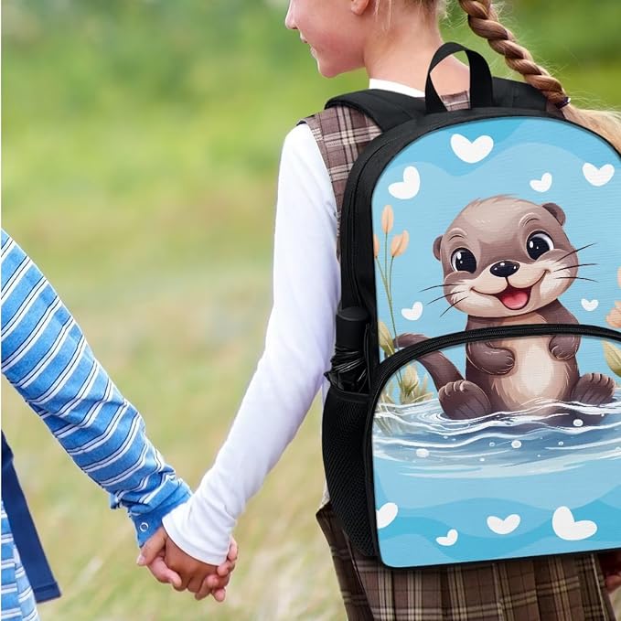 Children Schoolbag Set 4Piece Set Cartoon Otter Backpack with Lunchbox Insulated Lunchbag+Pencil Case+Water Bottle Carrier Bag for Boys Girls Kindergarten Bookbag Full Set - Image 3