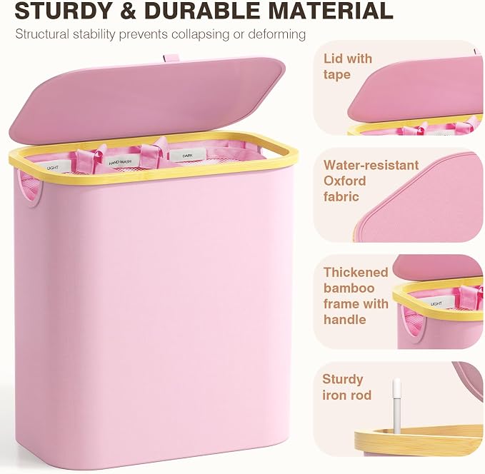 Hampers for Laundry Basket with Lid, 145L Large Laundry Hamper 3 Section | Dirty Clothes Hamper Separator with 3 Removable Bags & 5 Labels, Divided Laundry Organizer for Bedroom, Laundry Room, Pink - Image 4