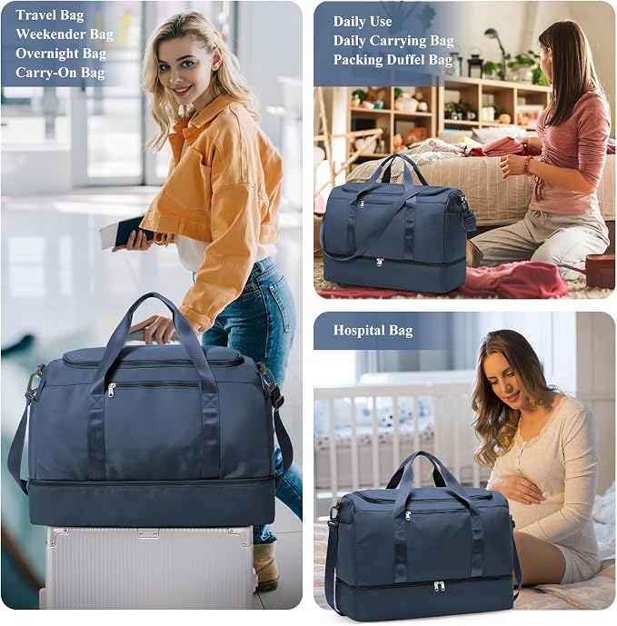 Extra Large Travel Duffle Bag,Carry on Overnight Bag with Shoes Compartment,Weekender Bags for Women for Travel Business Trips Sport Hospital,3 Pcs Set,Dark Blue - Image 6