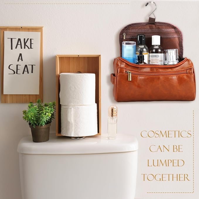 Aliceset 6 Pcs Groomsmen Gift Groomsmen Toiletry Bags Set of 6 Leather Toiletry Bag for Men with Hook Leather Wedding Proposal Bag with Side Handle Father Gift(Brown) - Image 6