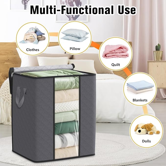 SpaceTrove Clothes Storage Bags, 4-Pack Comforter Blanket Organizers, 80L Large Capacity Containers with Visual Window for Clothing, Quilt, Sheet, Pillow, Closet Organization for Bedding (Grey) - Image 5