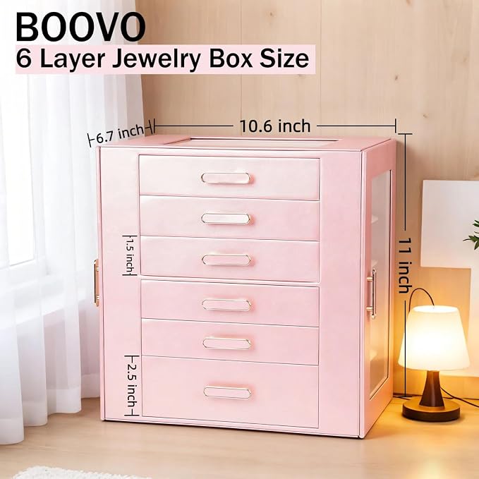 BOOVO Clear Lid Jewelry Box,6 Layers Jewelry Organizer Large Jewelry Storage Box with 6 Drawers,Jewelry Holder Organzier of Rings Earrings Necklace Bracelets for Women (Rose Gold, 6 Layer) - Image 3