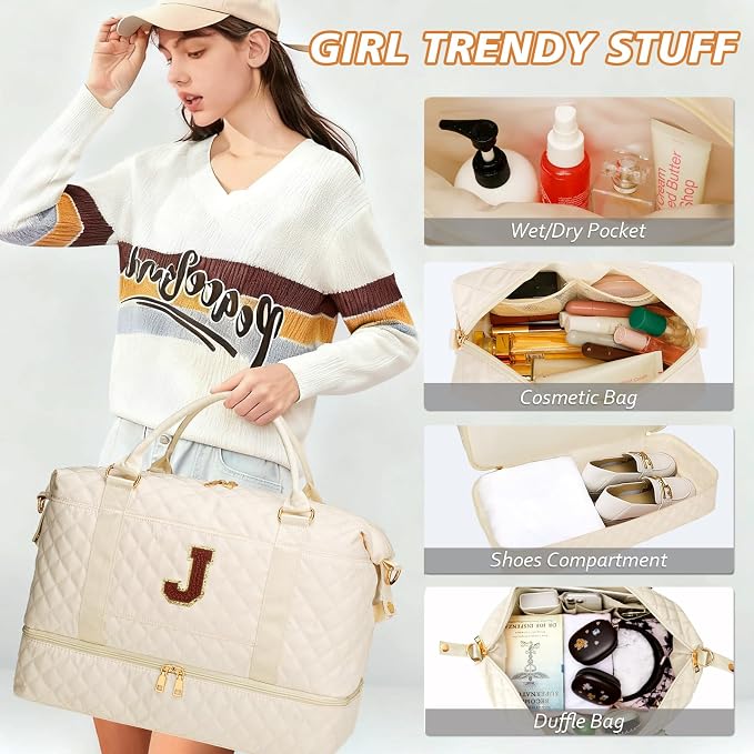 Gift for Women Initial Travel Duffle Bag Quilted Weekender Bags Carry-On Overnight with Cosmetic Bag, Gym Bag with Shoe Compartment Hospital Bag for Women Labor Delivery, Beige-J - Image 5
