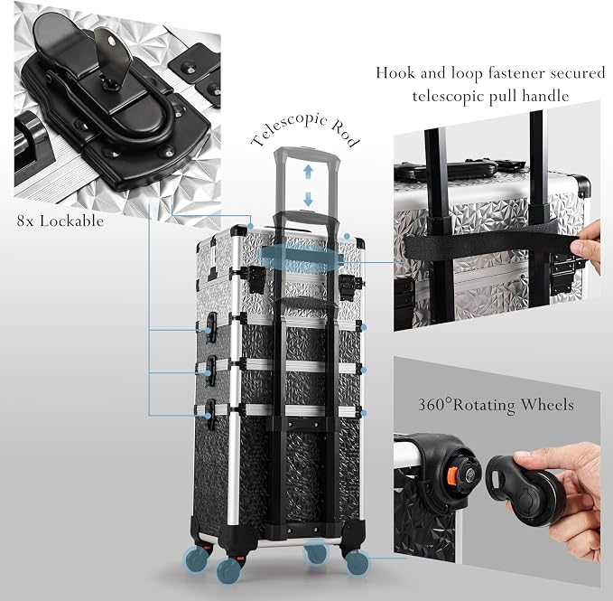 Stagiant Rolling Makeup Train Case Cosmetology Case on Wheels 4 in 1 Large Cosmetic Case with Wheels Makeup Travel Case with Keys Nail Kits Organizer Artist Salon Storage Traveling Cart Trunk Tricolor - Image 6