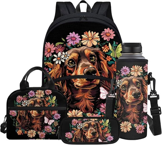 Cartoon Beagle Floral Backpack for Boys Girls Back to School Shoulder Bookbags Set, Insulated Thermal Lunch Totes,Pencil Holder,Cooler Water Bottle Sleeve 4 in 1 by Glomenade