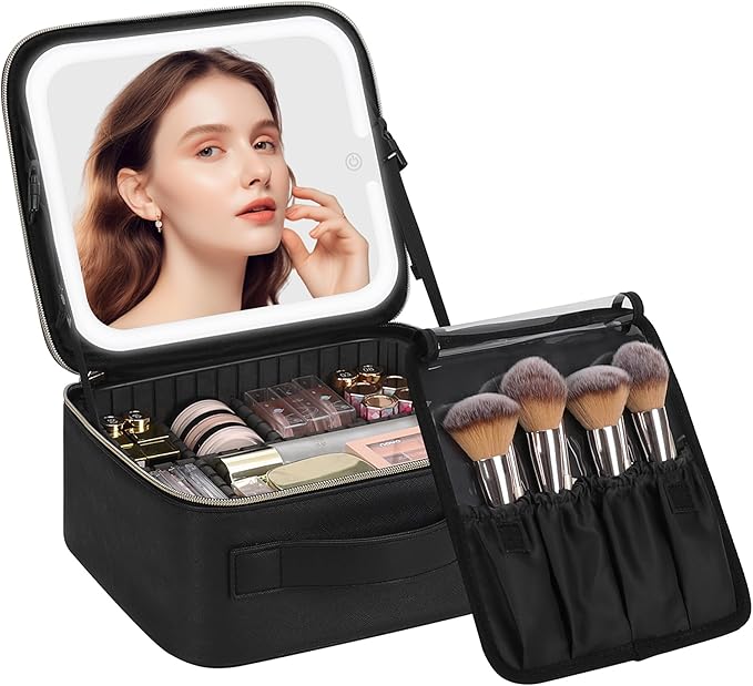 Chomeiu Makeup Bag with LED Mirror, Travel Makeup Case for Women and Makeup Artists Cosmetic Organizer Large Make Up Bags with Light Up Mirror, 3 Color Lights, Adjustable Dividers and Brush Holder by Chomeiu