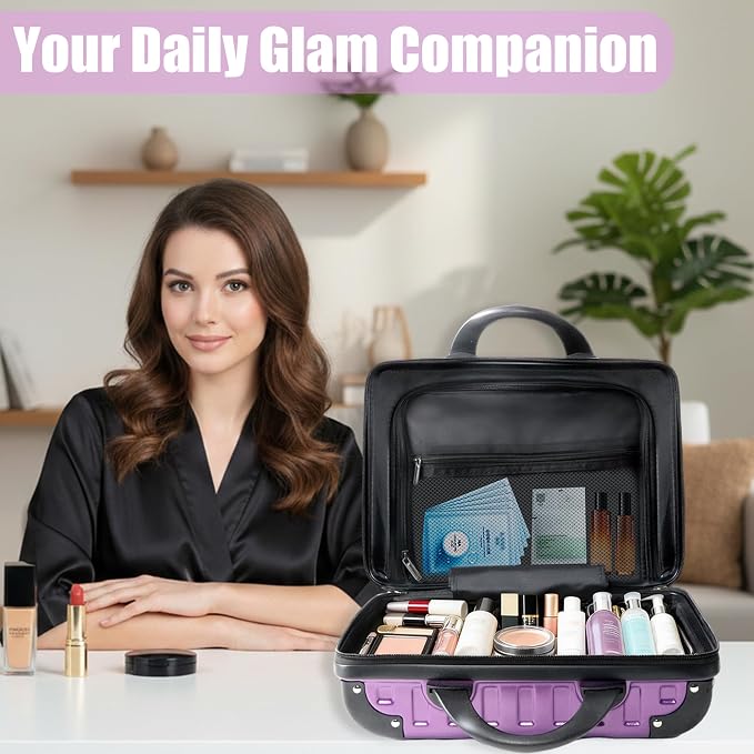 14 Inch Portable Waterproof Hard Shell Travel Makeup Case (Purple) | with Lock, ABS Scratch-Proof, Carrying Cosmetic Organizer Case with Elastic Band, Mini Suitcase Vanity Case for Women Girl - Image 8