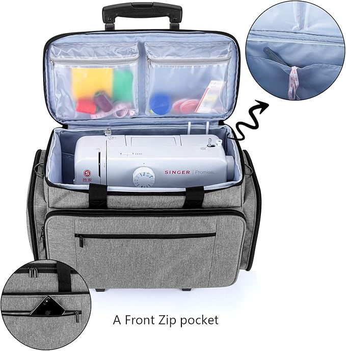 LUXJA Sewing Machine Case with Detachable Dolly, Gray | Rolling Tote with Removable Bottom Pad for Most Standard Sewing Machines, Patented Design - Image 3
