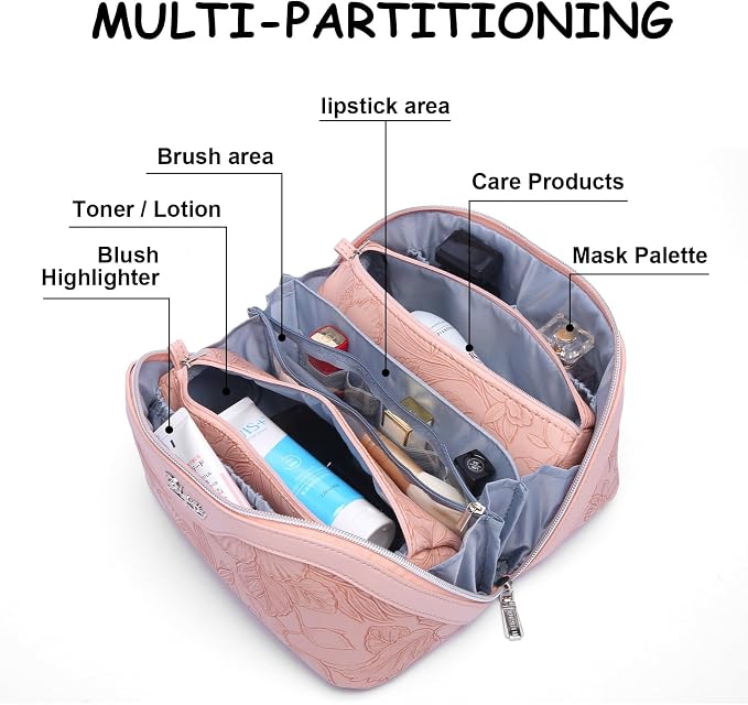 BOYATU Travel Makeup Bags Cosmetic Organizer Bag: 3-Set Large Capacity Make up Bag - PU Leather Toiletry Bags for Women - Wide Open Portable Pouch with Divider & Handle (01-Z-Pink) - Image 8
