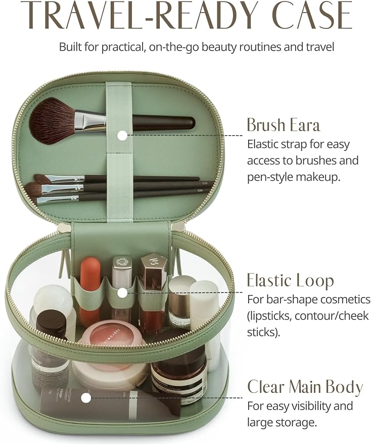 Popvibe Travel Makeup Case Clear Vanity Bag with Brush Holder, Compact Leather Train Case Sage Green Make Up Bag Storage Organizer Luxury Cosmetic Case Travel Essentials Cute Portable with Handle - Image 3