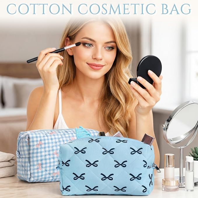 Paterr 10 Pcs Quilted Makeup Bag Bulk Cotton Floral Cosmetic Bag Women Girls Bridesmaid Gifts Cute Makeup Pouch Coquette Aesthetic Travel Toiletry Organizer(Blue Bow,6.30 x 3.94 Inches) - Image 5