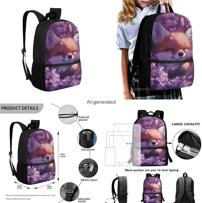 Cherry Blossom Fox Backpack for Girls Kids Backpack with Lunch Box Water Bottle Holder with Strap and Pencil Pouch 4PCS Bookbag with Front Pocket for School 17" Sturdy Elementary School Bag - Image 3