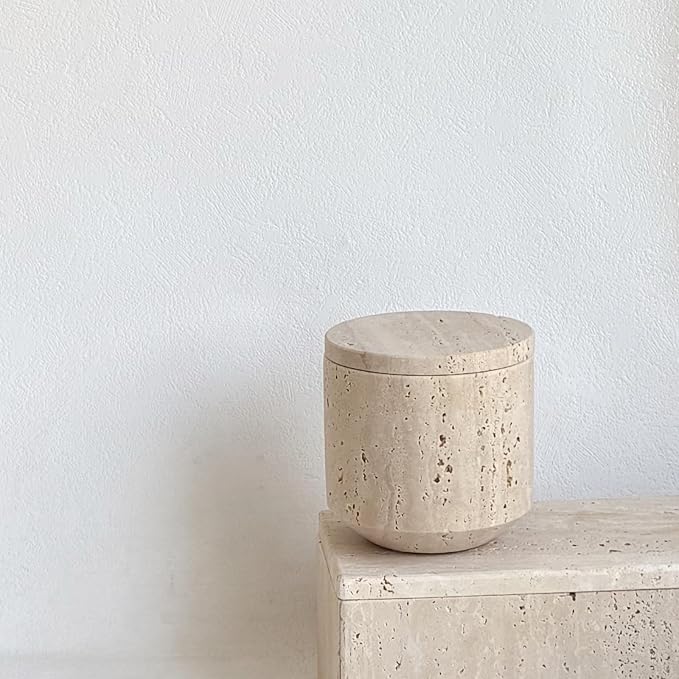 Natural Marble Hole Stone Cosmetic Cotton Swab Sundry Small Tank Storage Box Jar with Lid (Yellow Travertine) - Image 5