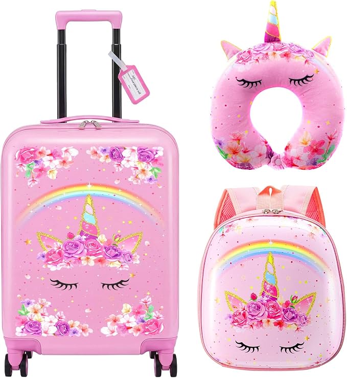 Sanwuta 4 Pcs Kids Luggage Set Back to School Gifts for Girls Boys Carry On Rolling Suitcase Backpack Neck Pillow Travel Set(18 Inch,Unicorn Rainbow Style,Pink) by Sanwuta