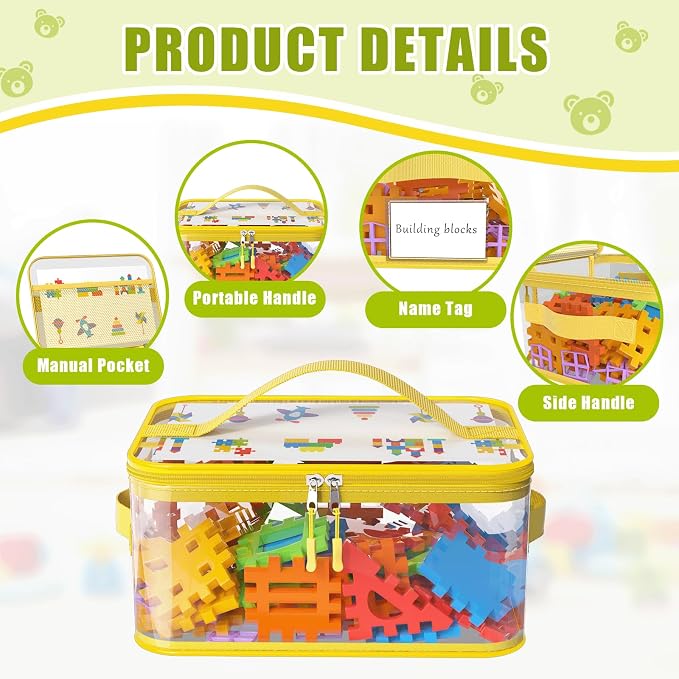 8 Packs Large Clear Toy Storage Bags with Double Zipper & Handles, L | Name Tag, Manual Pocket, Transparent PVC, Waterproof Dustproof, Space-saving, Portability for Building Blocks, Puzzle, Travel - Image 3