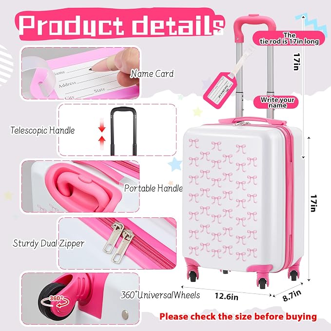 Redbaker 6 Pcs Kids Luggage Set, 17 Inch Rolling Suitcase with Backpack Lunch Bag Neck Pillow, Pink Bow Travel Set for Summer Vacation Sleepover Back to School Gift - Image 2