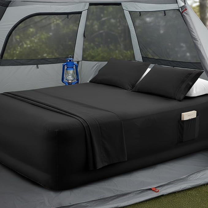 Mocassi 4-Piece Extra Deep Pocket 16-24 Inch Air Mattress Bed Sheet Set- 4PC Sheet Set with Smart Pockets Ideal for Air Beds, RVs, Camping and Guest Rooms Premium Hotel Quality, Full, Black by MocassiLuxuryBedding
