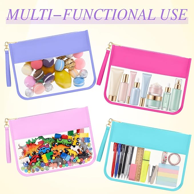 Sweetude 24 Pcs Clear Makeup Bags with Wristlet Pouch DIY Chenille Letter Bag Bulk Waterproof Toiletry Flat Preppy Nylon Clear Zipper Pouches Snack Organizer for Women(Vibrant Color) - Image 4
