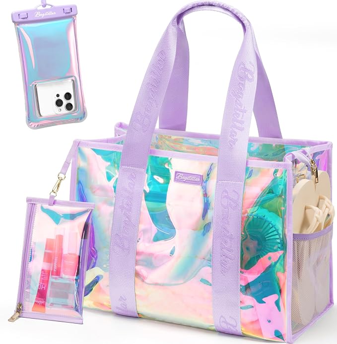 Bagstellar Iridescent Beach Bag, Jelly Tote Bag with Phone Pouch Makeup Bag | Large Beach Bags Waterproof Sandproof, Zipper Beach Tote Clear Pool Swim Boat Bag for Women Summer Travel Cruise Essentials by Bagstellar