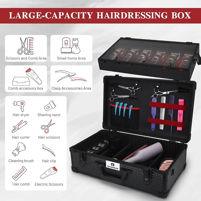 Large Barber Carrying Case, Hairdresser Tool Box Organizer Traveling Case, Portable Travel Barber Suitcase for Hair Stylist Pet Groomer Beauty Salon Makeup Artist - Image 3