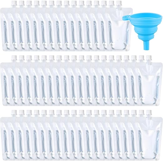 Patelai 300 Pieces Plastic Liquid Pouch Reusable Juice Pouches Travel Water Leak Proof Bags Bulk with Collapsible Silicone Funnel for Travel Outdoor (10 oz) by Patelai