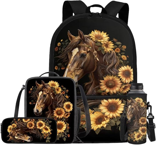Sunflower Horse Backpack for Girls Kids Backpack with Lunch Box Water Bottle Pouch and Soft Pencil Case 4PCS Set Bookbag with Front Pocket for School Teens 17 inch School Bag with Side Pocket by ELEDIZI