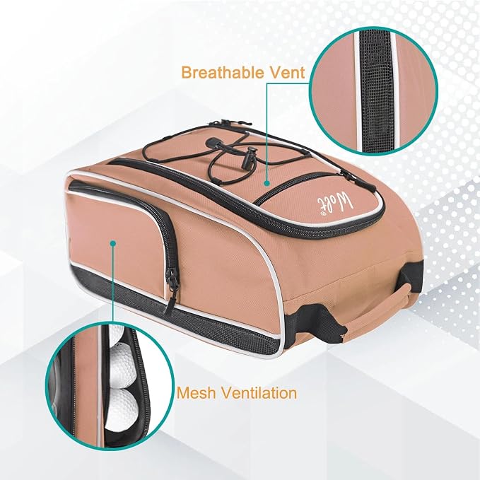 Wolt |Golf Shoe Bag for Travel- Zippered Shoes Carrier Bags with Ventilation & Double Outside Accessory Pocket for Socks, Tees, Golf Balls, Etc. for Women and Men (LightPink) - Image 5