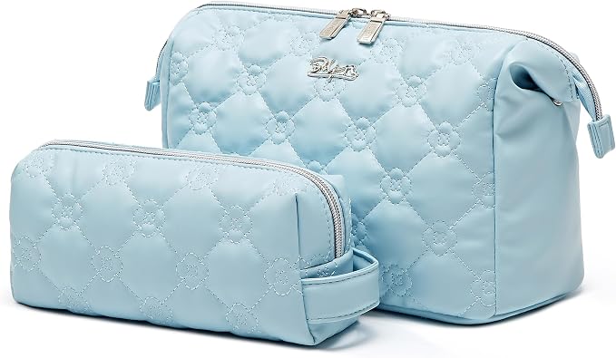 BOYATU Travel Makeup Bag Cosmetic Pouch: 2 Pcs Set Waterproof Vegan Leather Cosmetic Bags for Women - Cute Quilted Skincare Make up Toiletry Bag for Girl (04-Blue) - Image 2