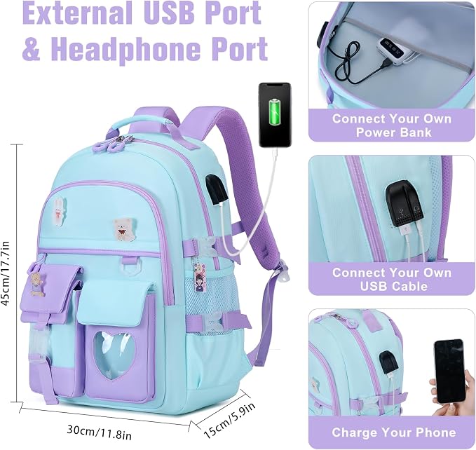 ACESAK Backpack for Girls - Bookbag Backpacks Schoolbag for Girls Kids Teen Women Casual Travel Daypacks - School Bag Elementary Middle School College Cute Backpack with Lunch Box (Blue Purple) - Image 3