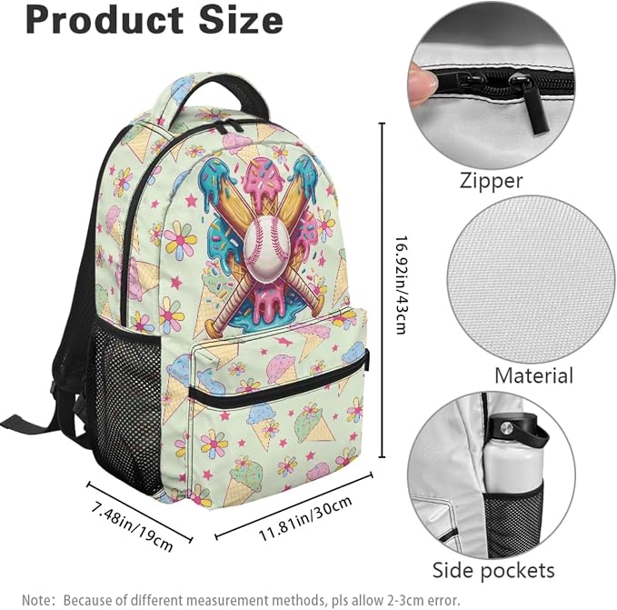 Ice Cream Baseball Bat Backpack & Lunch Box Set for Girls Ages 8-12 3rd 4th 5th Grade, 4-Piece School Bag with Pencil Case & Dinosaur Charm, Large Capacity Bookbag - Image 4