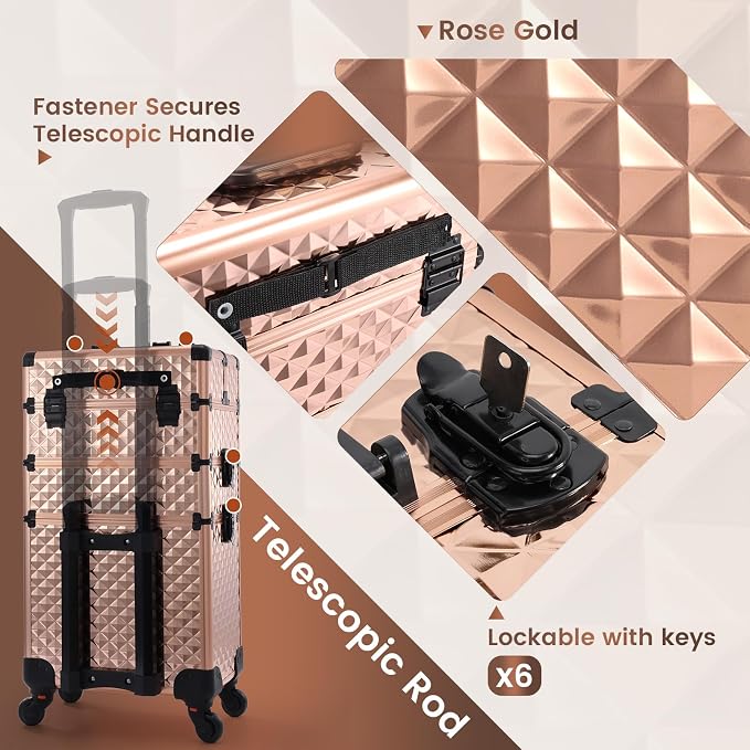 Frenessa Rolling Makeup Train Case 3 in 1 Professional Cosmetic Trolley Large Storage with keys Swivel Wheels Salon Barber Case Traveling Cart Trunk for Make Up Nail Tech - Vintage Rose Gold | Cosmetic Trolley Large Storage with Keys 360° Swivel Salon ... - Image 6