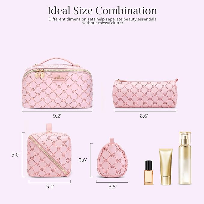 Travel Makeup Bags for Women: 3 Pcs Set Luxury Bow Print Make up Bag - Large Capacity Cute Cosmetic Case - 3–15 Day Travel Toiletry Organizer Bag, Comes with An Gift Box(Jewel pink) - Image 6