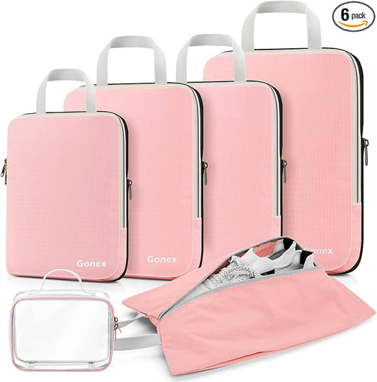 Gonex Compression Packing Cubes, 6pcs Expandable Storage Travel Luggage Bags Organizers with Shoe Bag, Clear Toiletry Bag (Pink) by Gonex