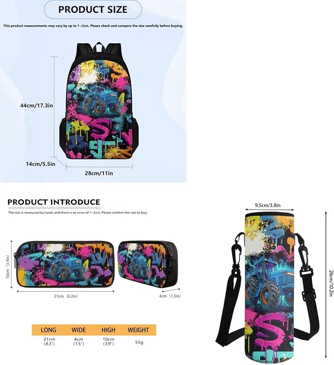 Boys Graffiti Tractor Backpack Set for School & Camping, Portable School Bags with Reusable Lunch Box Bag Pencil Case & Water Bottle Sleeve Teen Kids Bookbag - Image 7