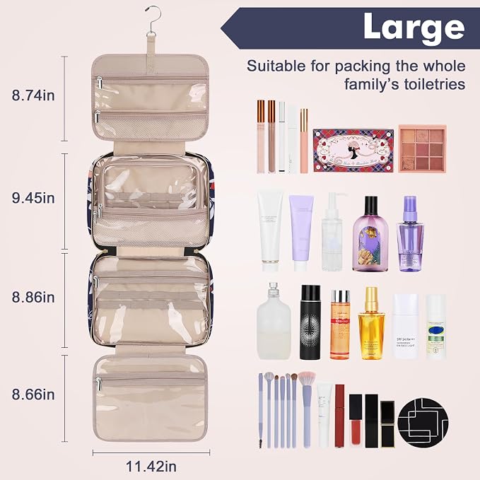 Wedama Toiletry Bag for Women, Large Cosmetic Travel Bag, Hanging Toiletry Bag for Bathroom, PVC Waterproof Makeup Bag, Toiletries Bag for Travel Business Trips and Camping, Blue+White Floral - Image 2