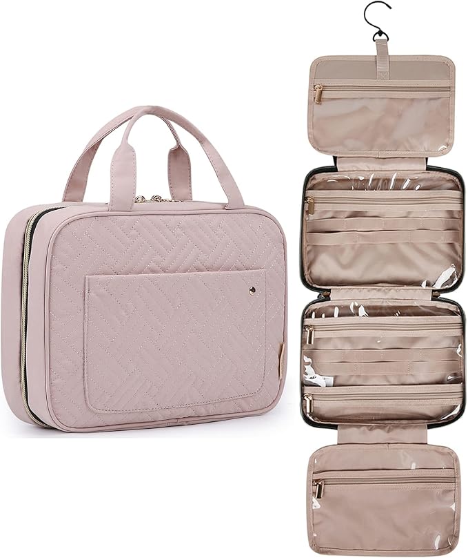 BAGSMART Large Toiletry Bag Travel Bag with Travel Jewelry Organizer Roll Pink - Image 2