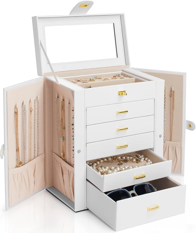 AKOZLIN 6-Tier Jewelry Box Organizer Functional 5 Drawers Leather Jewelry Storage Case for Women Girls Ring Necklace Earring Bracelet Holder Organizer with Mirror White Regular - Image 7