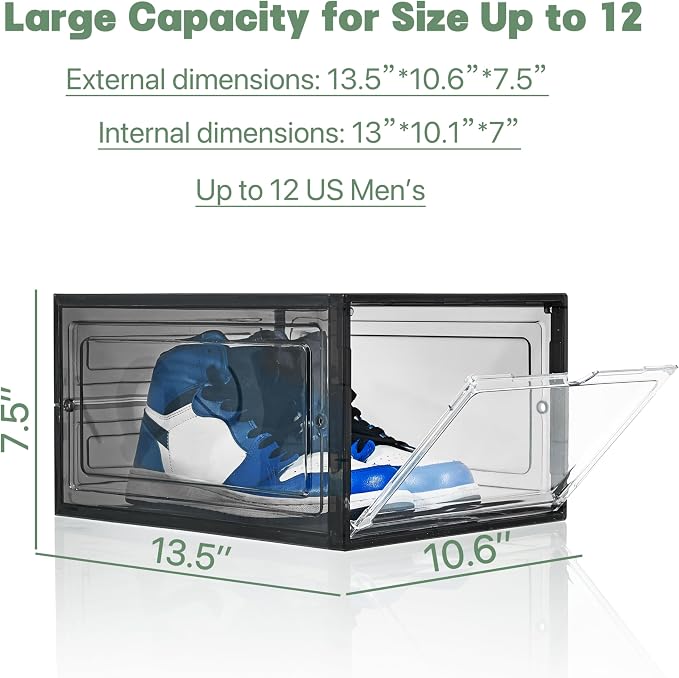 ZLLZUU Shoe Shoe Storage Boxes, 6 Pack Stackable Shoes Organizer Black | Clear Drop Front, Dustproof Magnetic Door, Stackable Containers, for High-Top Sneakers, Durable and Sturdy, Easy to Assemble - Image 2