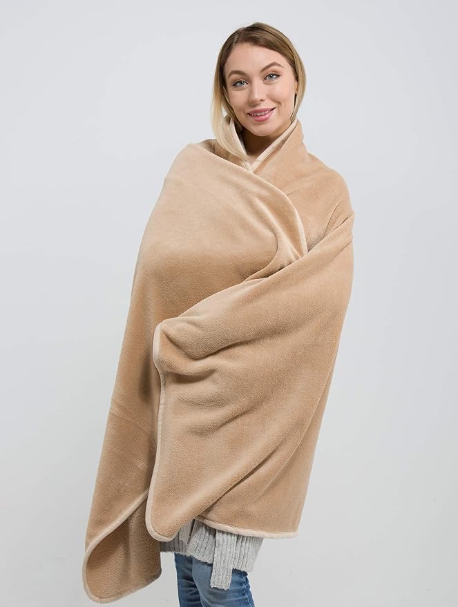 BlueHills Premium Soft Rolled Travel Blanket Pillow Combo Airplane - Beige | Must Have Travel Essentials, Airplane Accessories, 70 X48 Large Blanket, Matching Carry Case, Carabiner, Long Flight Comfort - Image 4