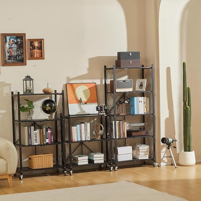 DEANIC 5 Tier Foldable Storage Shelves with Wheels, Large Capacity Shelving Unit, Freestanding Metal Wire Shelf Rack, No Assembly Organizer Rack for Garage Kitchen, Basement, Pantry,Black,2 Pack - Image 2