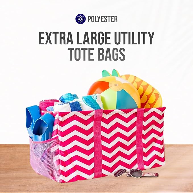 Extra Large Utility Tote Bag, Oversized Collapsible Reusable Wire Frame Rectangular Canvas Basket With Two Exterior Pockets For Beach, Pool, Laundry, Car Trunk, Storage - Chevron Pink - Image 7
