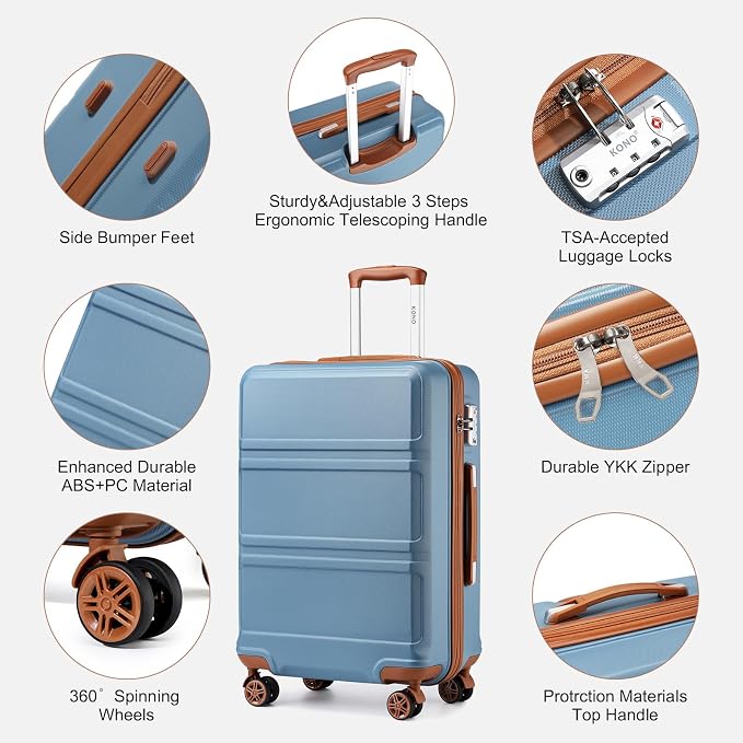 Kono Suitcase Set 3 Piece Luggage Set Expandable with Spinner Wheels | Lightweight PC+ABS Carry On Hardside Luggage with TSA Lock (Apricot Blue, 6 piece set) - Image 3