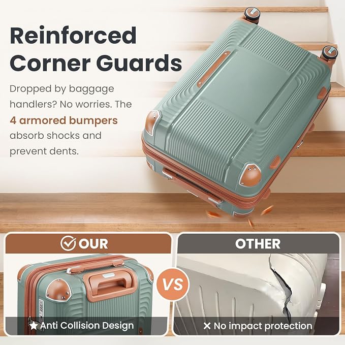 5 Piece Luggage Sets PP Hardshell with Duffel & Toiletry Bag, Carry-on Suitcase Set (20/24/28) with Detachable Spinner Wheels, YKK Zippers & Corner Guards, Lightweight TSA Lock (Sage Green) - Image 2