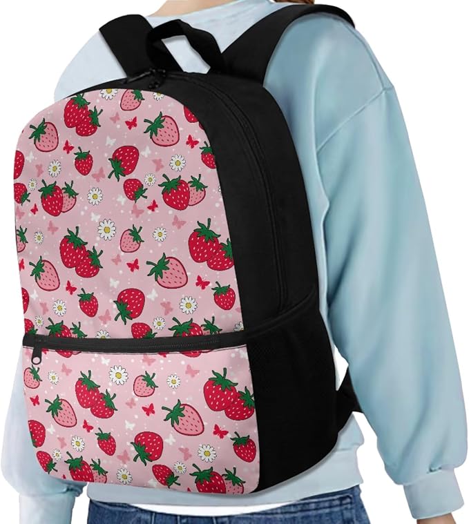 Cute Strawberry Backpack for Girls Kids Backpack with Lunch Box Water Bottle Holder with Strap and Large Pencil Case 4PCS Set Bookbag with Front Pocket for School 17" Lightweight School Bag - Image 2