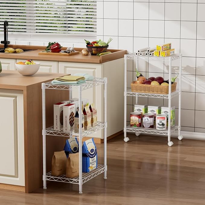Golpart Small 3 Tier Shelves Storage Wire Shelving Unit Metal Shelf Adjustable Organizers Storage Shelving with Wheels for Bathroom Laundry Room Kitchen Pantry11.7”D x 17.7”W x 30.7”H White - Image 2