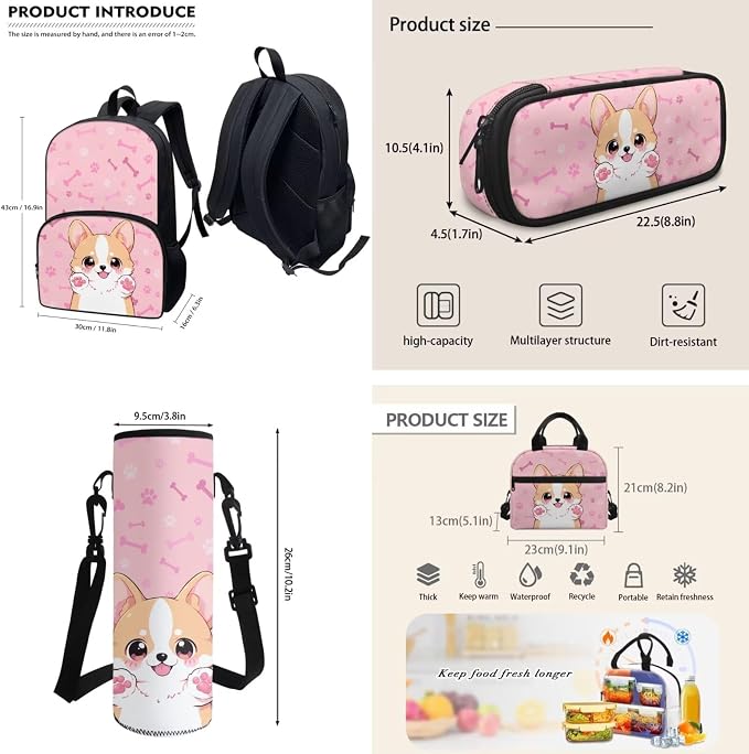 POLERO Pink Corgi Backpack for Corgi Dog Lovers 4Pcs Bookbag with Lunch Box Pencil Case Water Bottle Cover School Bag Set for Girls 4-6 for Preschool First Grade - Image 3