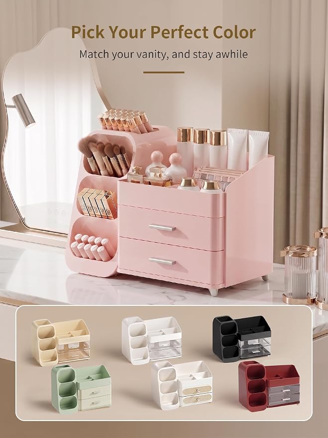 Booklov Large Makeup Organizer for Vanity and Bathroom Countertop, Pink | Plastic Cosmetic Display Case with Drawers, Beauty Brush Holder for Dresser Counter Skin Care Eyeshadow Lipstick Storage - Image 9