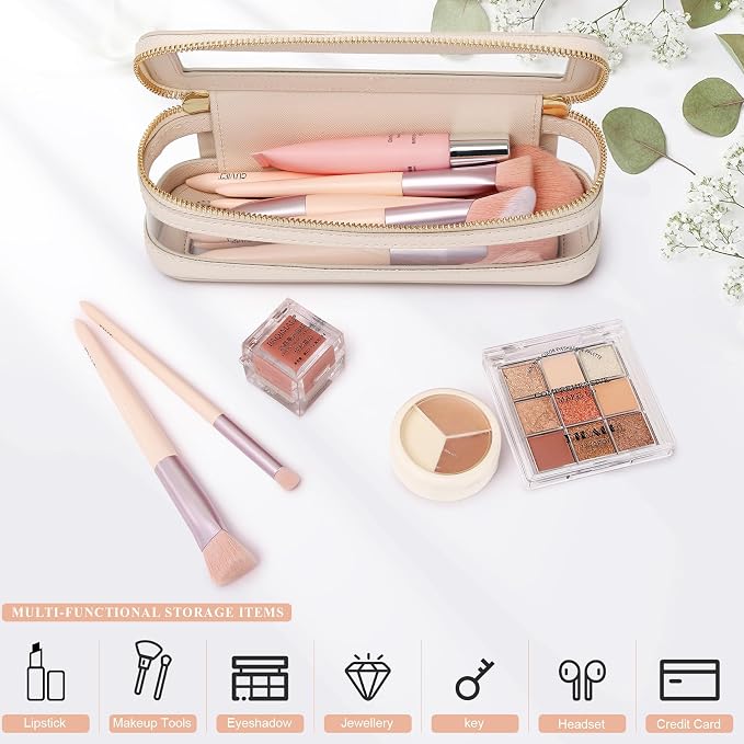 Pinkmik Makeup Brush Case Clear Travel Cosmetic & Toiletry Bag Slim Makeup Bag with Zipper Small Purse Organizer Car Essential Bag for Women (Beige, SLIM-1) - Image 5